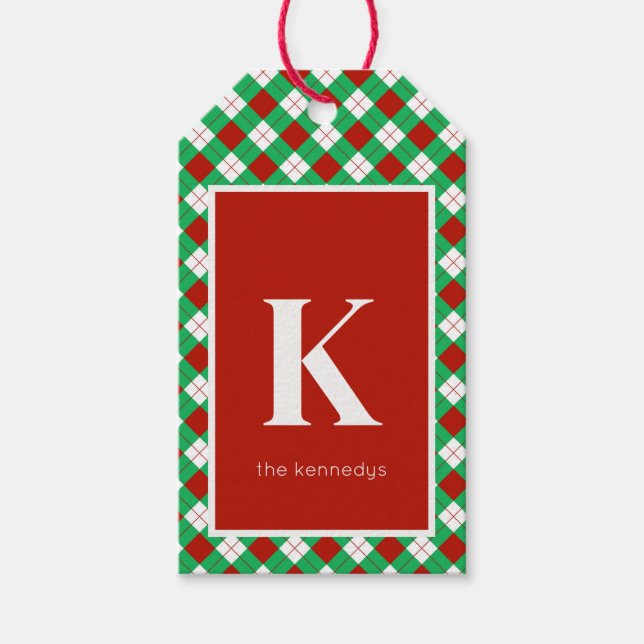 Étiquettes-cadeau Monogramme rustique rouge vert et blanc plaqué (Devant)