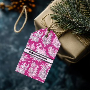 Étiquettes-cadeau monogramme vintage fleuri rose magenta toile de jo