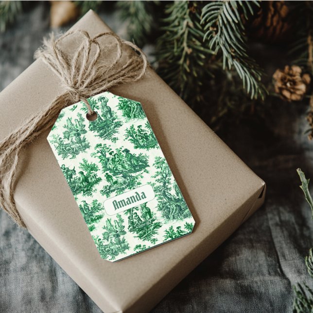 Étiquettes-cadeau monogramme vintage fleuri vert toile jouy (Créateur téléchargé)