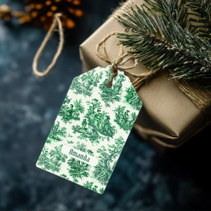 Étiquettes-cadeau monogramme vintage fleuri vert toile jouy