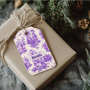 Étiquettes-cadeau monogramme vintage fleuri violet toile de jouy