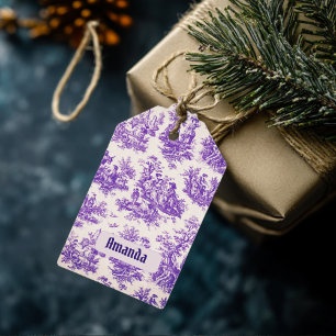 Étiquettes-cadeau monogramme vintage fleuri violet toile de jouy