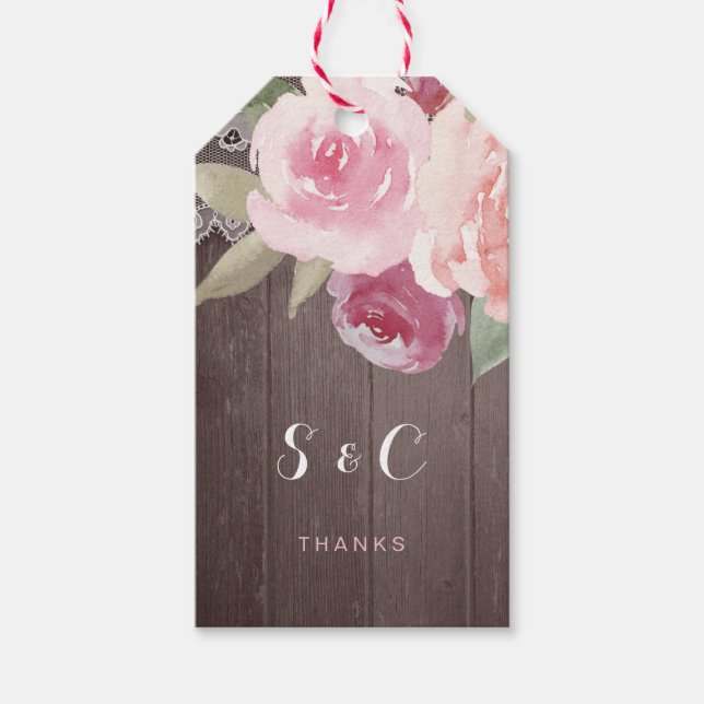 Étiquettes-cadeau Monographie de mariage de dentelle fleurie rustiqu (Devant)