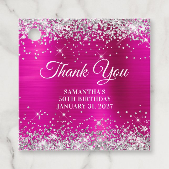 Étiquettes Cadeau Monographie rose chaud 50e anniversaire Merci (Devant)