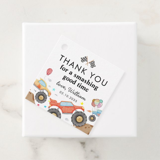 Étiquettes Cadeau Monster Truck Bash Race Aquarelle Anniversaire de  (En situation)