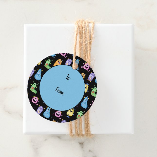Étiquettes Cadeau Monstres mignons colorés (En situation)