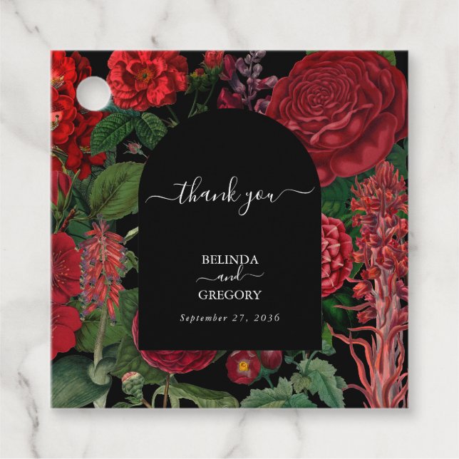 Étiquettes Cadeau Moody Florals Arc Noir Bourgogne Rouge Mariage (Devant)