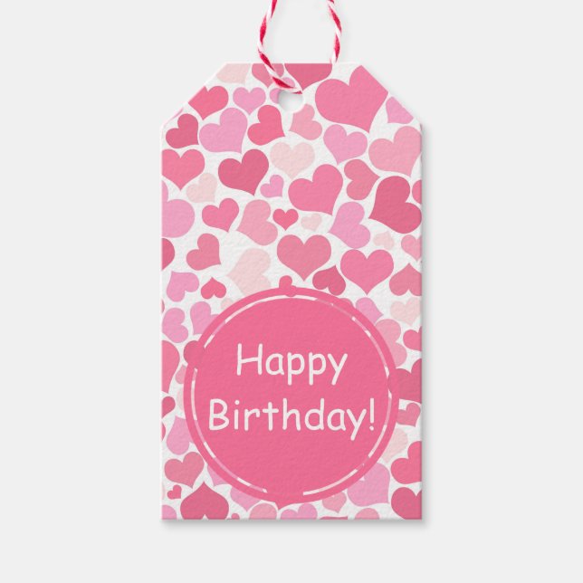 Étiquettes-cadeau Motif Coeurs roses | Joyeux anniversaire (Devant)