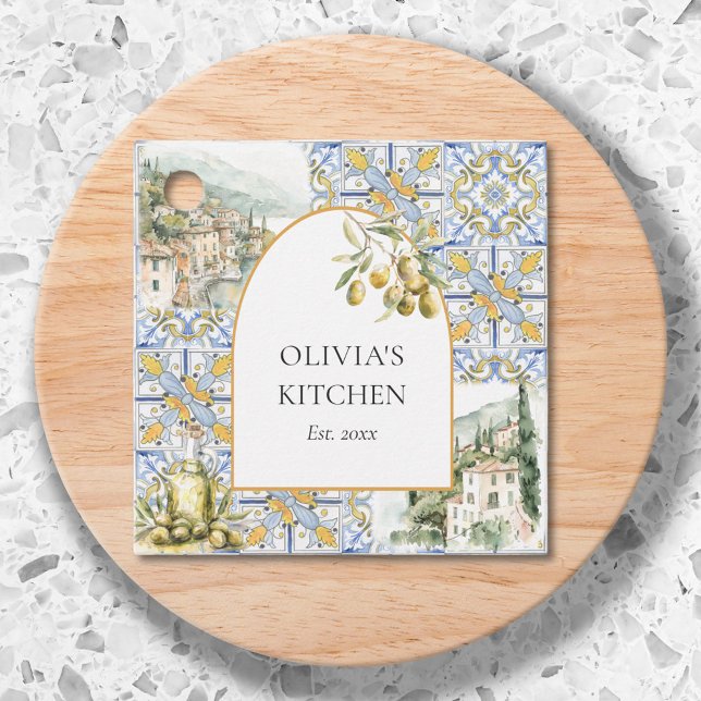 Étiquettes Cadeau Motif de carreaux bleu jaune Olive Méditerranée (In situ)