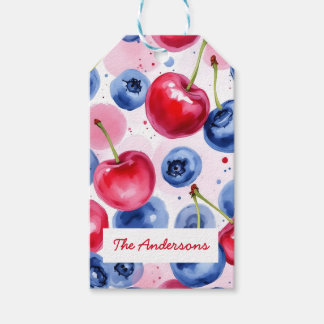 Étiquettes-cadeau Motif de cerisier de fruits bleu rouge