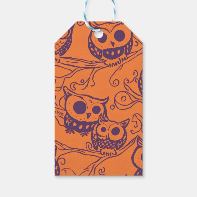 Étiquettes-cadeau Motif de hibou d'Halloween orange et violet (Devant)