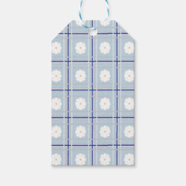 Étiquettes-cadeau Motif de marguerite à carreaux bleus