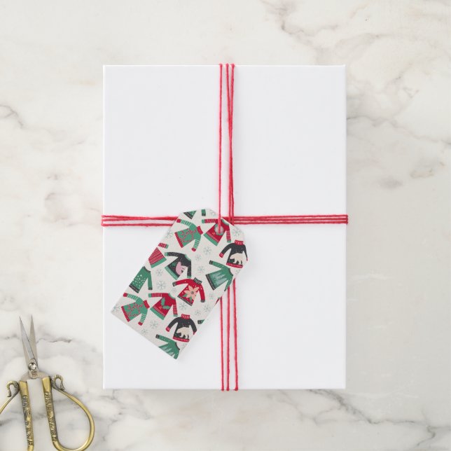 Étiquettes-cadeau Motif de vacances de pull de Noël laid vert rouge (Avec de la ficelle)