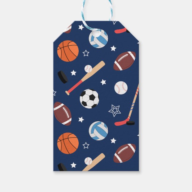Étiquettes-cadeau Motif d'équipement sportif pour enfants en bleu (Devant)