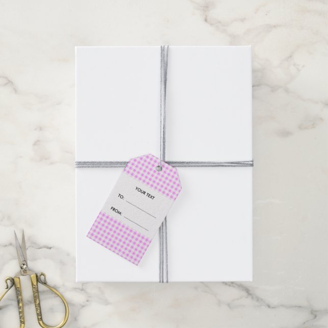 Étiquettes-cadeau Motif En vichy rose, ton monogramme (Avec de la ficelle)