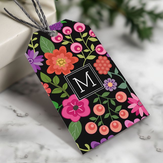 Étiquettes-cadeau Motif floral noir tendance avec Monogramme personn (Custom Gift Tag)