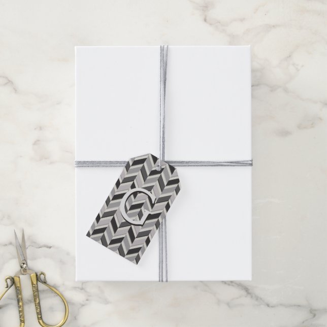Étiquettes-cadeau Motif géométrique chevron gris moderne monogramme (Avec de la ficelle)