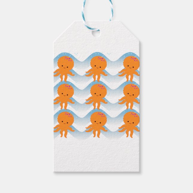 Étiquettes-cadeau Motif Octopus Orange Et Vagues Bleues (Devant)