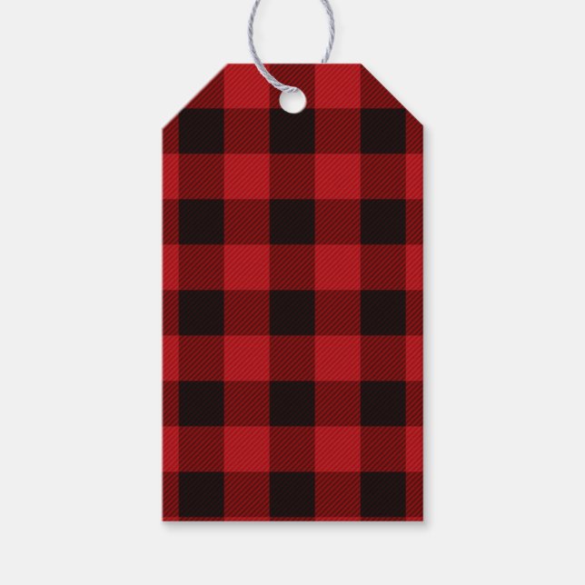 Étiquettes-cadeau Motif rouge rustique noir plaid (Devant)