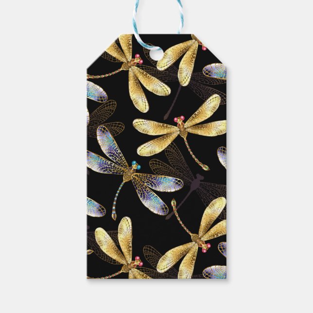 Étiquettes-cadeau Motif sans couture avec libellules d'or (Devant)
