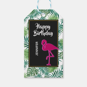 Étiquettes-cadeau Motif tropical de feuille et anniversaire rose de