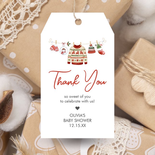 Étiquettes-cadeau Mots clés de préférence pour le Baby shower de Noë (Christmas Santa Baby Clothesline Baby Shower Favor Tags)