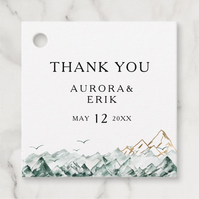 Étiquettes Cadeau Mots clés Merci Vert et Gold Mountain Favoriser (Devant)