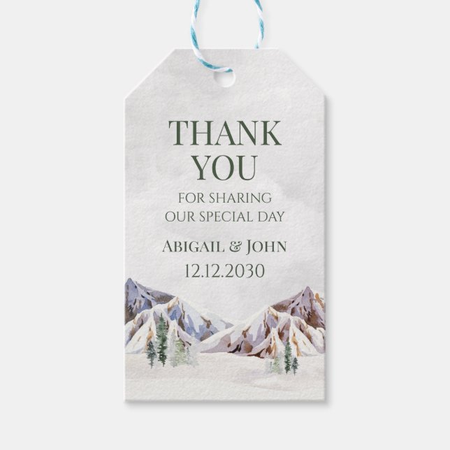 Étiquettes-cadeau Mountain Winter Snowy Forest Wedding Thank You (Devant)