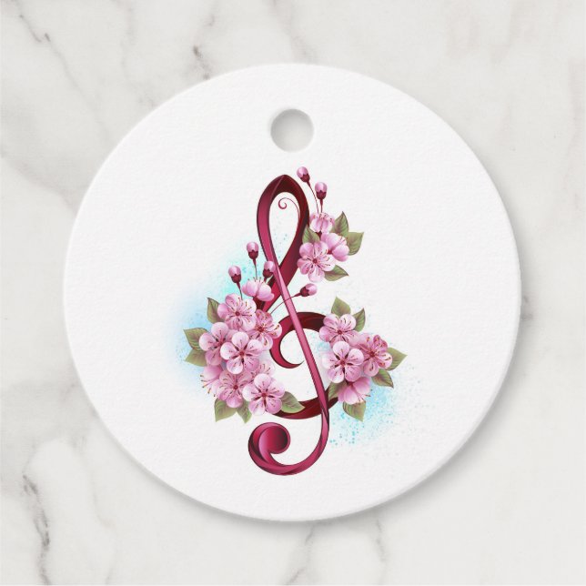 Étiquettes Cadeau Musical treble clef notes with sakura flowers (Devant)