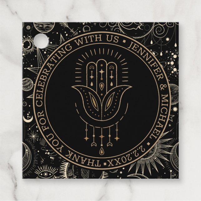 Étiquettes Cadeau mystique céleste or noir mariage merci (Devant)