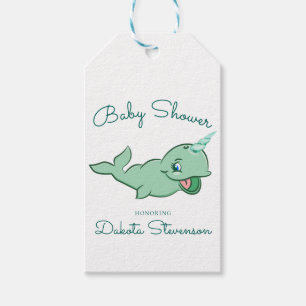 Étiquettes-cadeau Narwhal Green Cute Mint Chibi Douche Cartoon