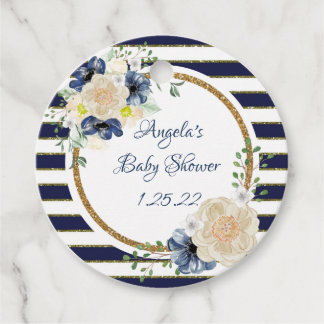 Étiquettes Cadeau Nautique Floral Elégant Marine & Or Personnalisé