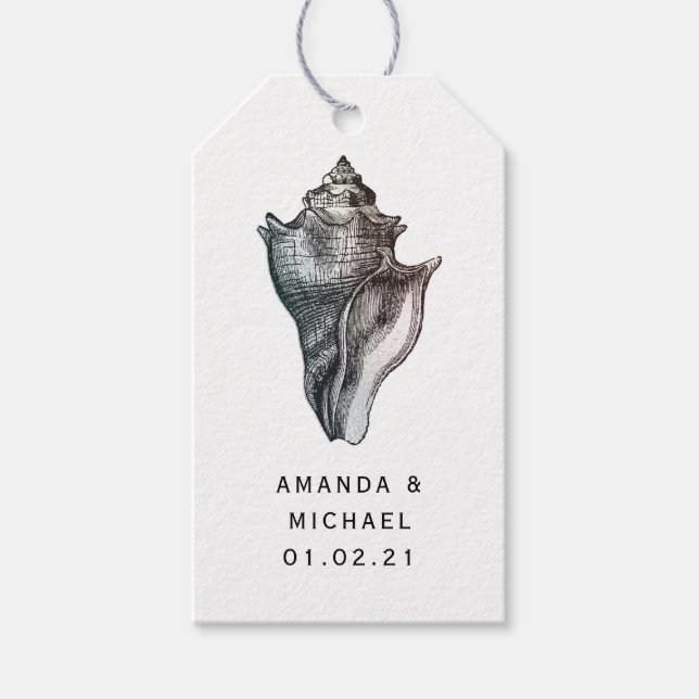 Étiquettes-cadeau Nautique vintage Beach Shell et Damask (Devant)