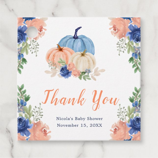 Étiquettes Cadeau Navy Blue and Blush Floral Pumpkins Baby Shower (Devant)
