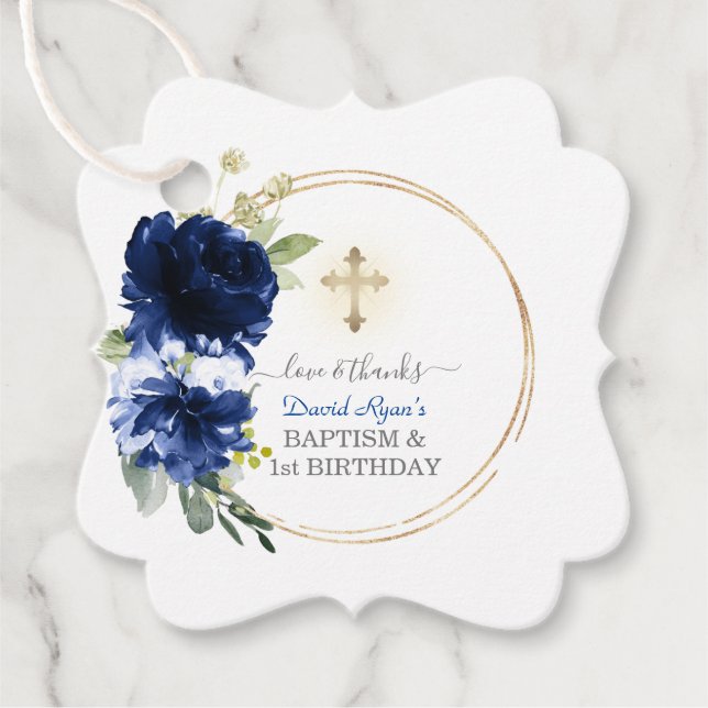 Étiquettes Cadeau Navy Blue Floral Boy 1er Anniversaire & Baptême (Devant)