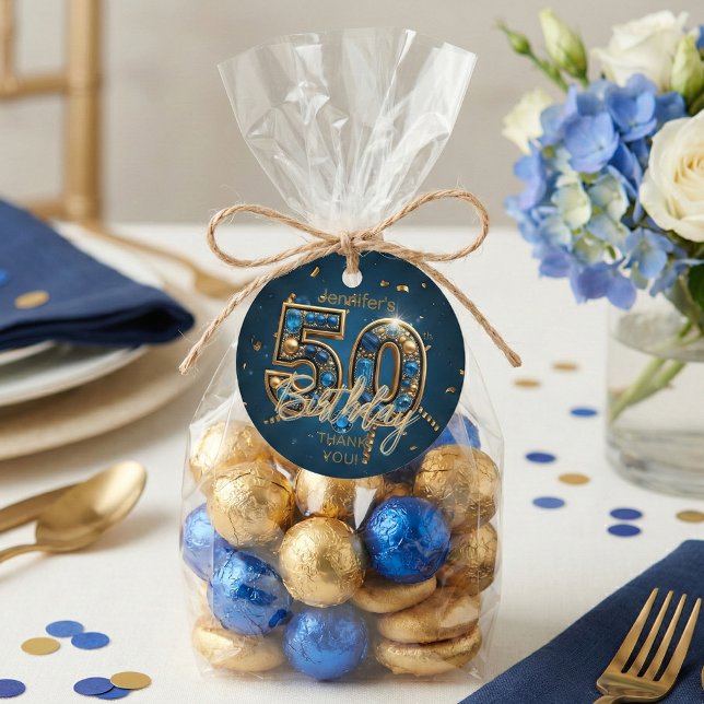 Étiquettes Cadeau Navy Blue Gold Sapphire Gemstone 50th Birthday (Créateur téléchargé)