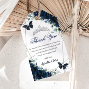 Étiquettes-cadeau Navy Blue Papillons Floraux Quince 16e Anniversair