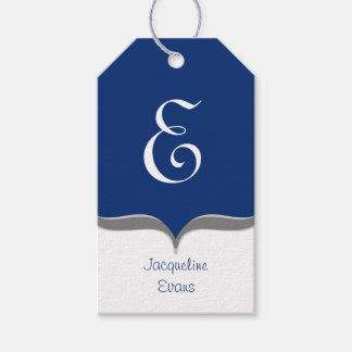Étiquettes-cadeau Navy Blue White Grey Monogramme Nom Tags cadeaux