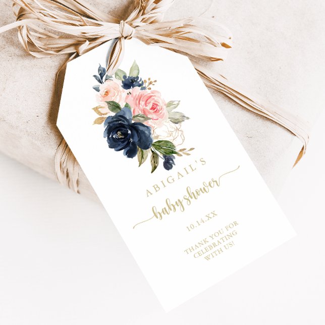 Étiquettes-cadeau Navy Fardée Florale Or Bébé Naissance   (Créateur téléchargé)