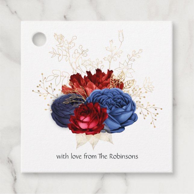 Étiquettes Cadeau Navy, Rouge et Fleurs Dorées (Devant)