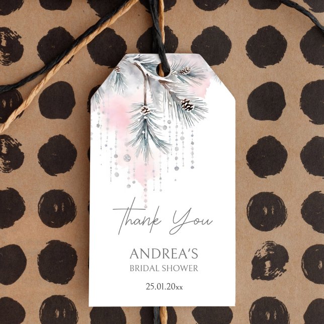 Étiquettes-cadeau Neige amoureuse douche nuptiale d'hiver (Snow in love winter bridal shower favor gift tags watercolor pastel snowy pines thank toy favor tags)