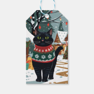 Étiquettes-cadeau Neige de Noël de Chat Noir de Fêtes