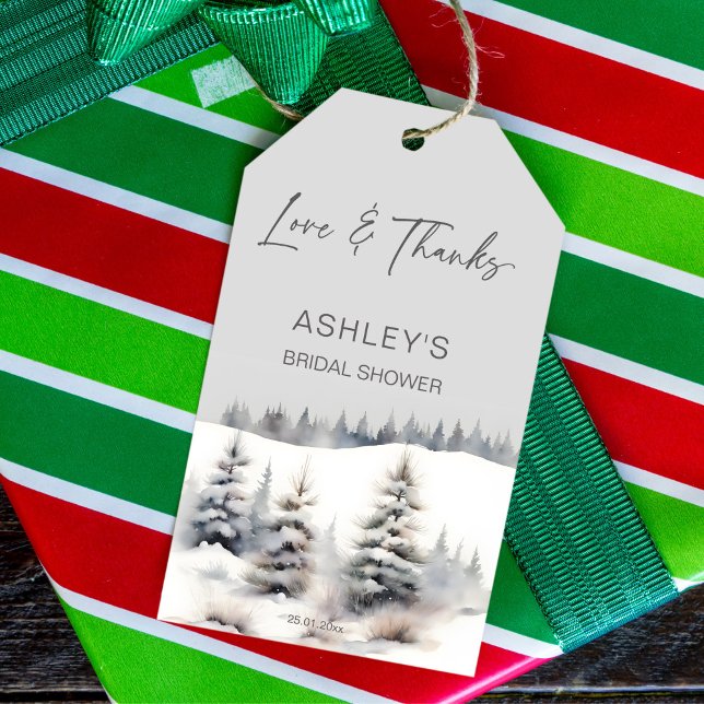 Étiquettes-cadeau Neige en amour Pins d'hiver prime douche (Snow in love winter bridal shower favor gift tags watercolor pastel snowy pines thank you favor tags)