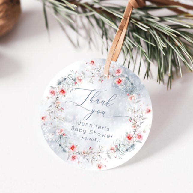 Étiquettes Cadeau Neige hivernale bleu poussiéreux Berry Merci (Créateur téléchargé)