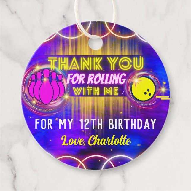 Étiquettes Cadeau Neon Glow Purple Bowling Anniversaire Merci de fêt (Devant)