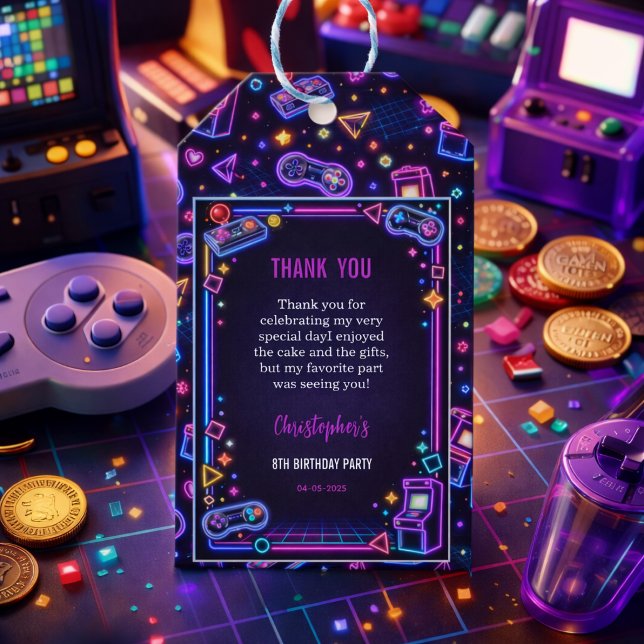 Étiquettes-cadeau Neon Glow Retro Arcade Gaming 8th Birthday (Neon Glow Retro Arcade Gaming 8th Birthday Gift Tags)