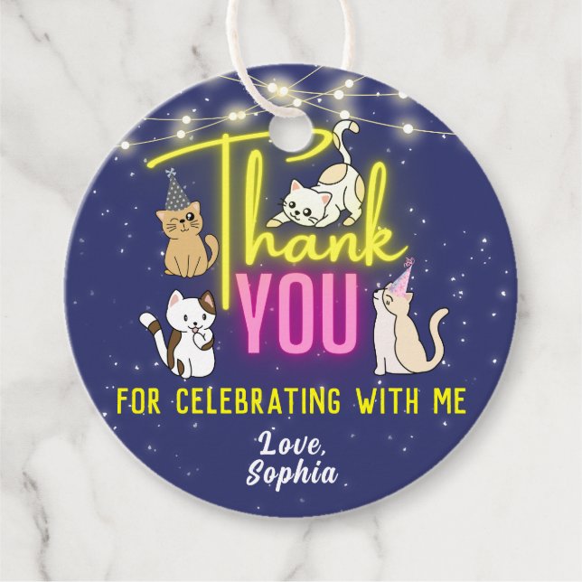 Étiquettes Cadeau Neon Glow Rose Jaune mignon Chats Merci (Devant)