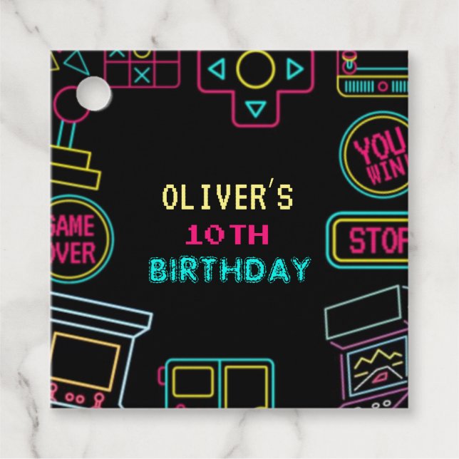 Étiquettes Cadeau Neon Toute année jeux vidéo arcade anniversaire (Devant)