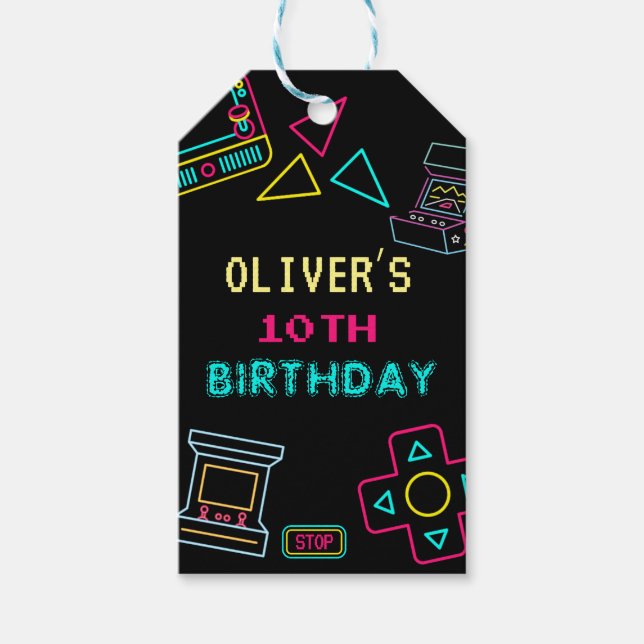 Étiquettes-cadeau Neon Toute année jeux vidéo arcade anniversaire (Devant)