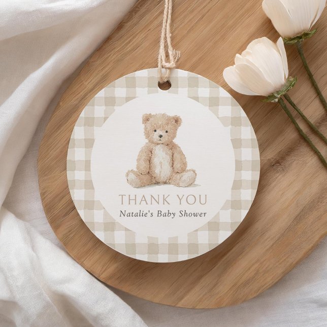 Étiquettes Cadeau Neutral Gingham Teddy Bear Baby Shower (Créateur téléchargé)
